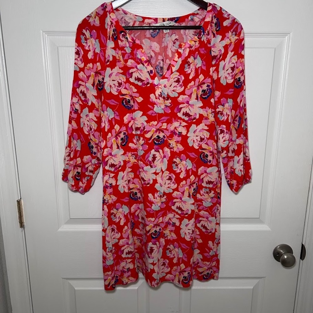 The Pioneer Woman Red Floral Split V-Neck 3/4 Sleeve Dress Women's Size Small
